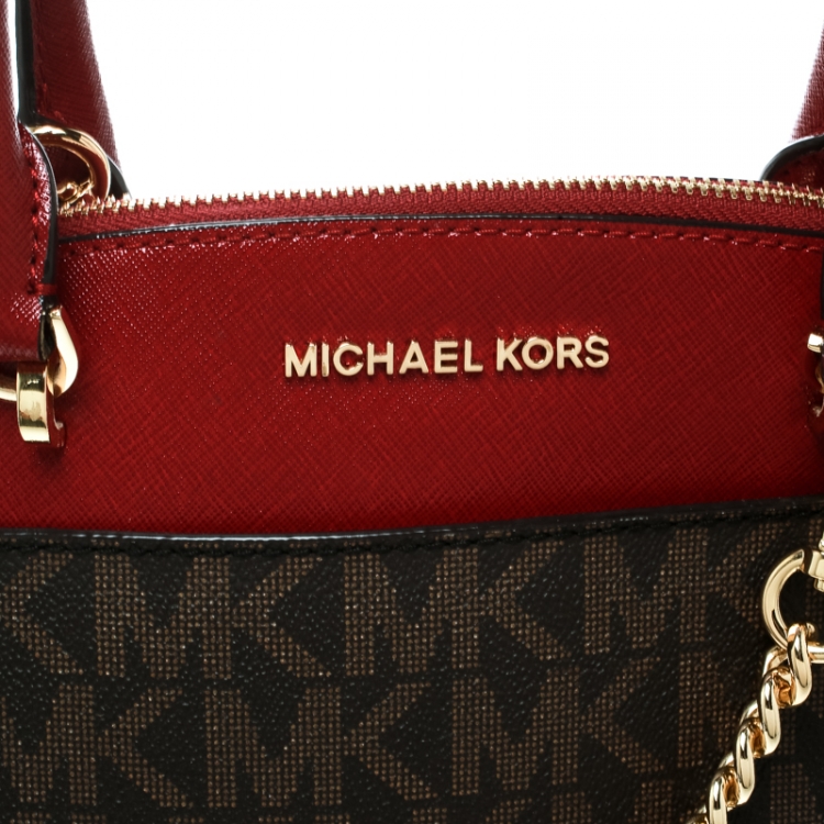 Pre Owned Michael Kors Red/Brown Signature Coated Canvas and Leather Emmy Dome Satchel