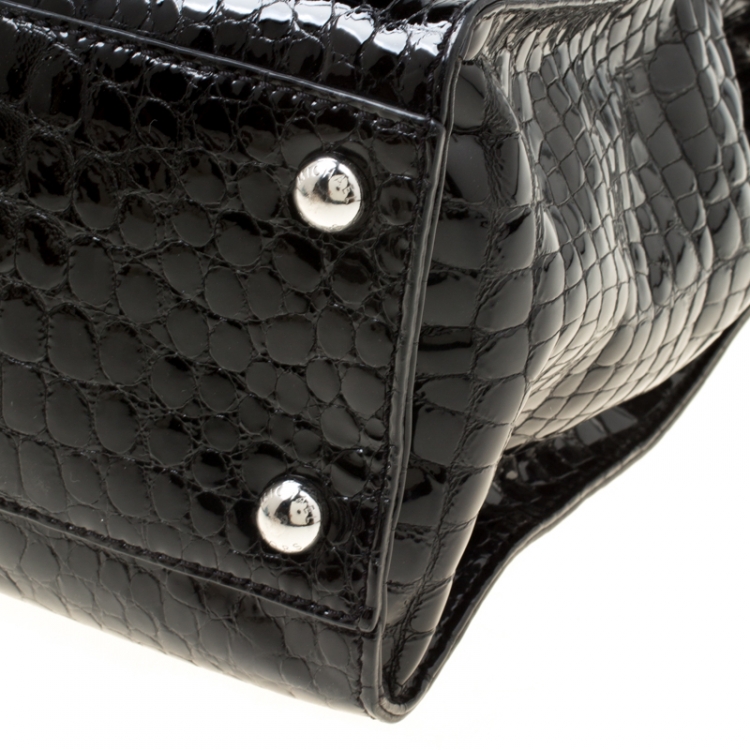 Pre Owned Michael Michael Kors Black Croc Embossed Patent Leather Hamilton Tote