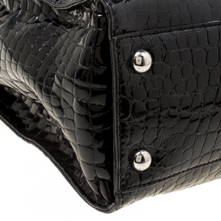 Pre Owned Michael Michael Kors Black Croc Embossed Patent Leather Hamilton Tote