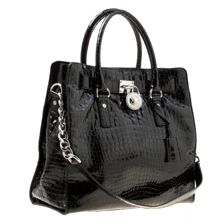 Pre Owned Michael Michael Kors Black Croc Embossed Patent Leather Hamilton Tote