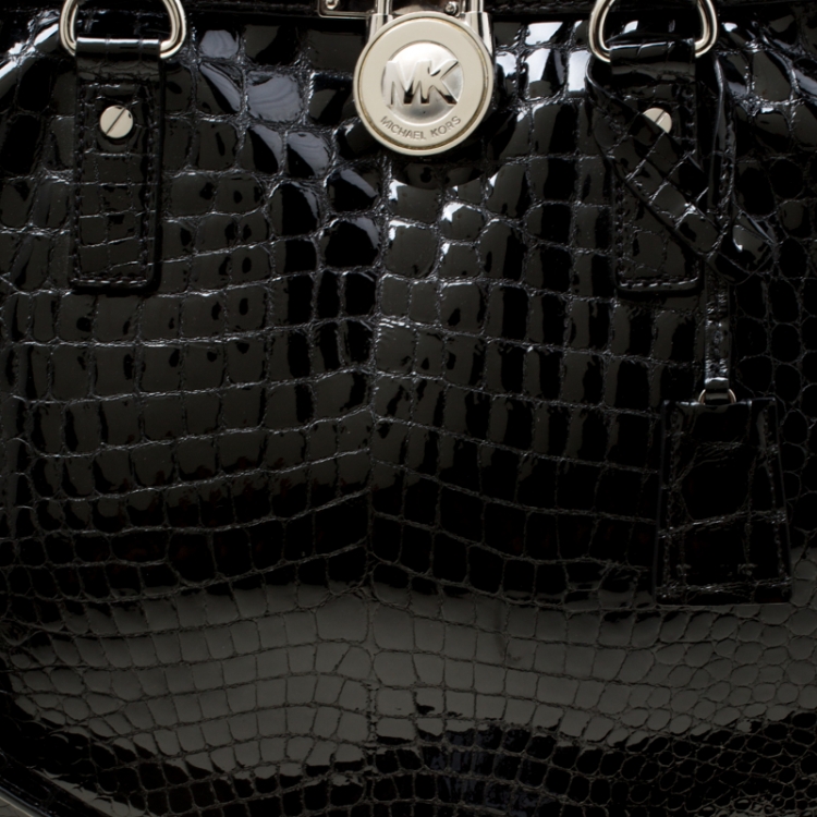 Pre Owned Michael Michael Kors Black Croc Embossed Patent Leather Hamilton Tote