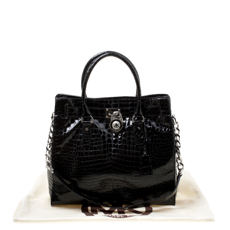 Pre Owned Michael Michael Kors Black Croc Embossed Patent Leather Hamilton Tote