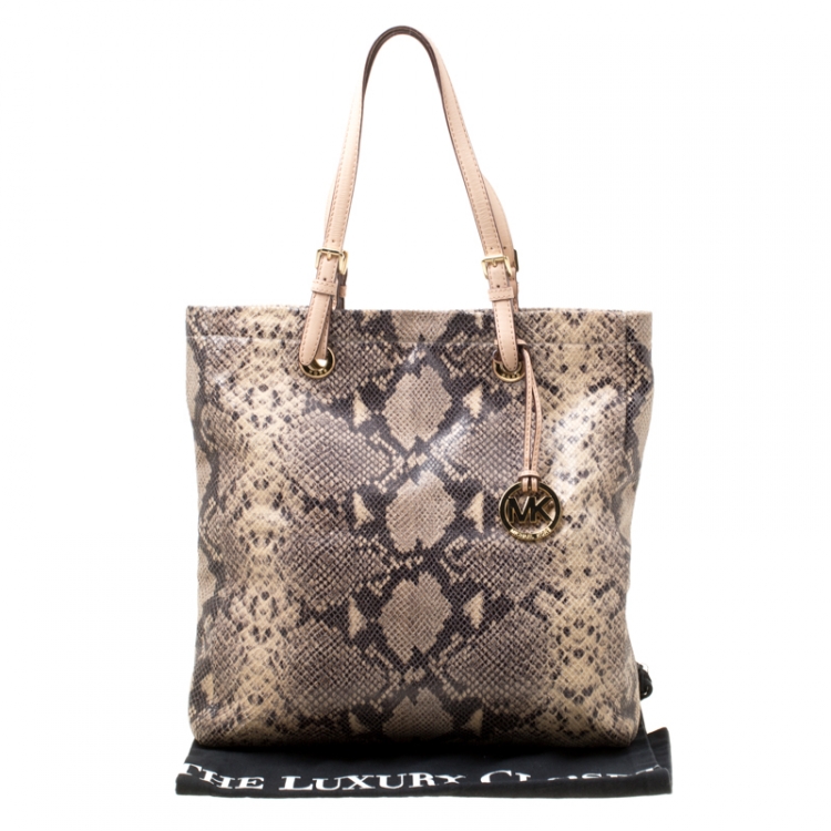 Pre Owned Michael Michael Kors Beige Python Embossed Leather Tote