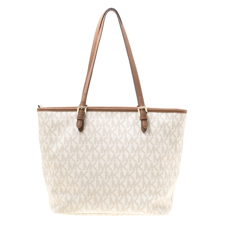 Pre Owned Michael Michael Kors White Signature Coated Canvas Jet Set Pocket Tote
