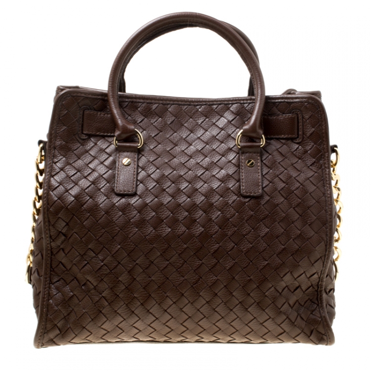 Pre Owned Michael Michael Kors Brown Woven Leather Hamilton Top Handle Bag