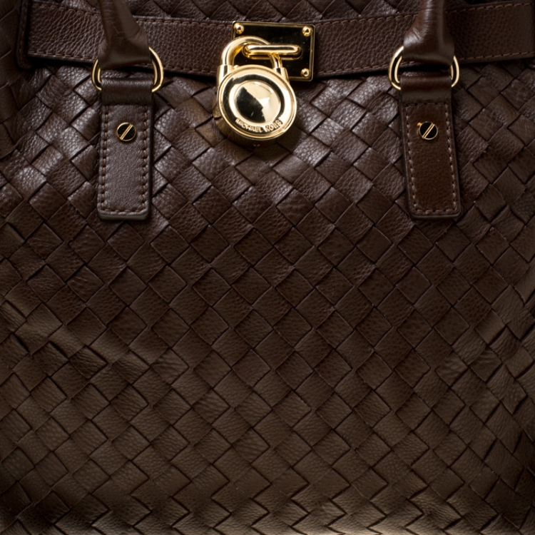 Pre Owned Michael Michael Kors Brown Woven Leather Hamilton Top Handle Bag