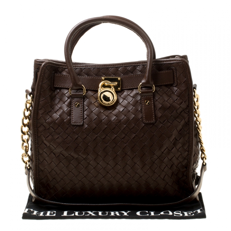 Pre Owned Michael Michael Kors Brown Woven Leather Hamilton Top Handle Bag