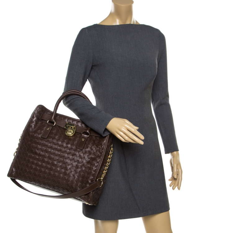 Pre Owned Michael Michael Kors Brown Woven Leather Hamilton Top Handle Bag