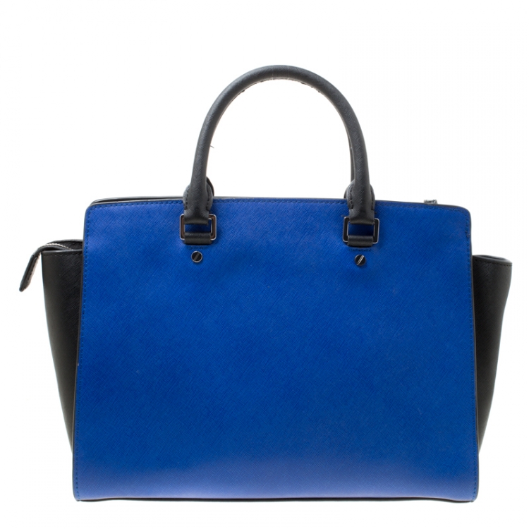 Pre Owned Michael Michael Kors Blue/Black Saffiano Leather Medium Selma Tote