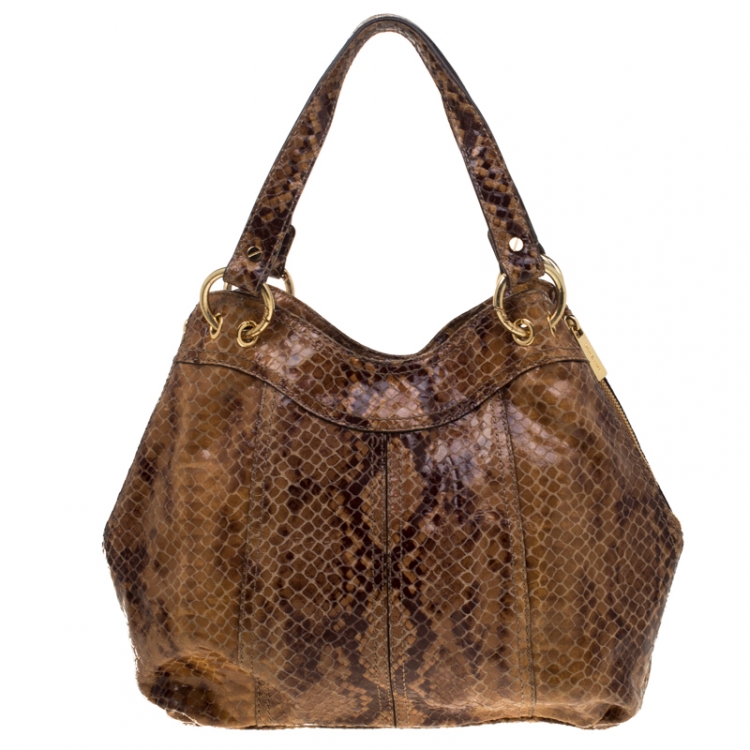 Pre Owned Michael Michael Kors Brown Python Embossed Leather Tote 