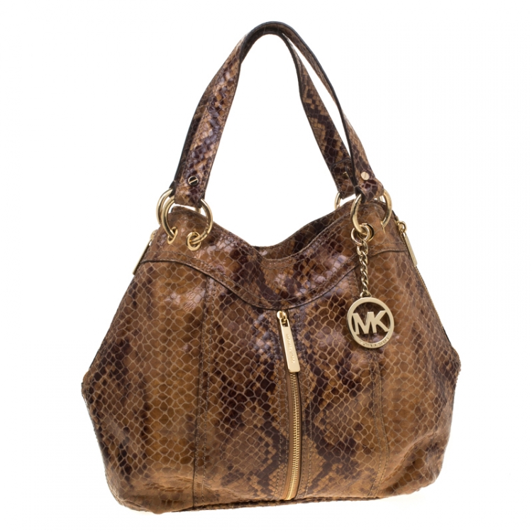 Pre Owned Michael Michael Kors Brown Python Embossed Leather Tote 
