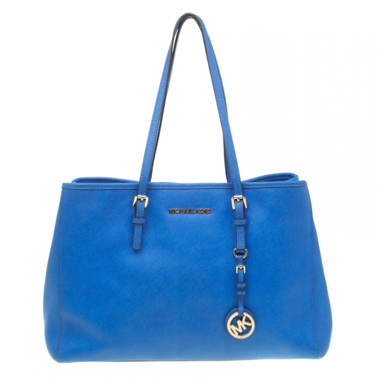 Used michael michael kors BLUE SAFFIANO LEATHER TOP ZIP TOTE
