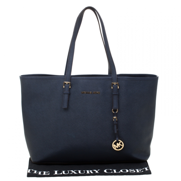 Pre Owned Michael Michael Kors Blue Saffiano Leather Jet Set Travel Tote