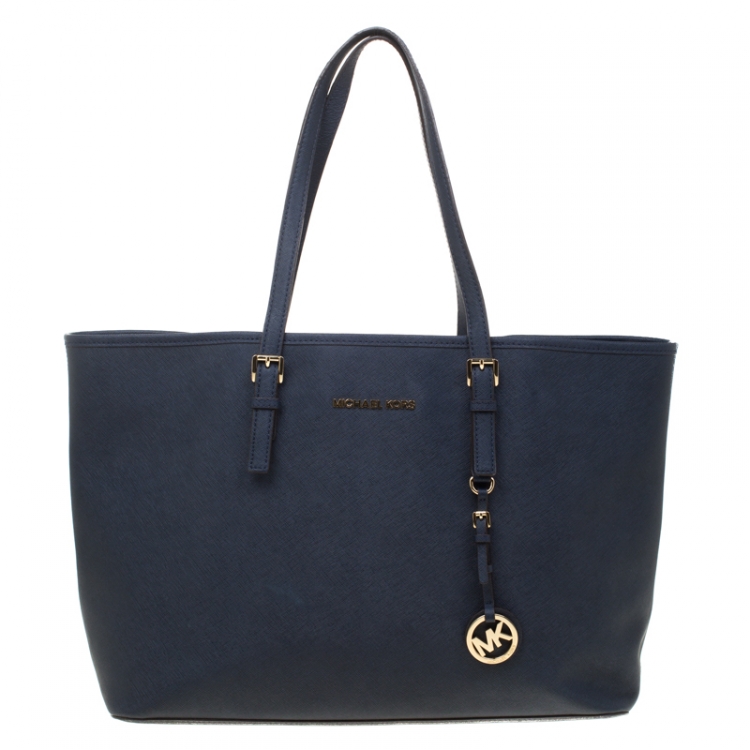 Pre Owned Michael Michael Kors Blue Saffiano Leather Jet Set Travel Tote