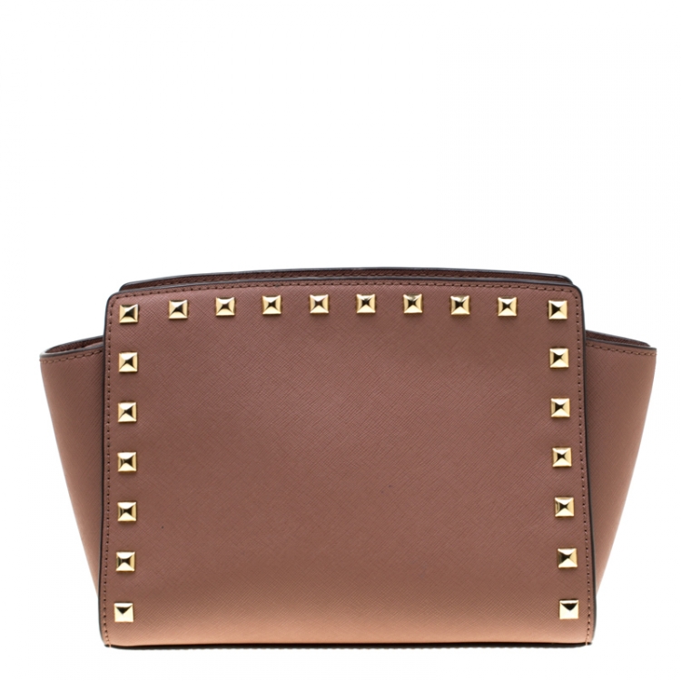 Pre Owned Michael Michael Kors Dark Beige Medium Studded Selma Crossbody Bag