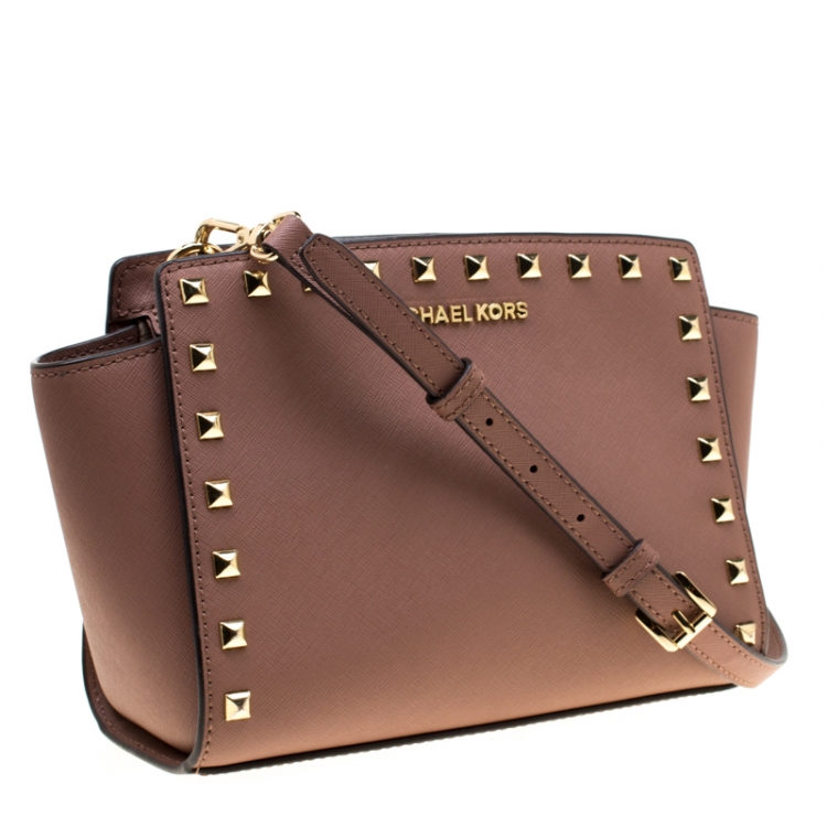 Pre Owned Michael Michael Kors Dark Beige Medium Studded Selma Crossbody Bag