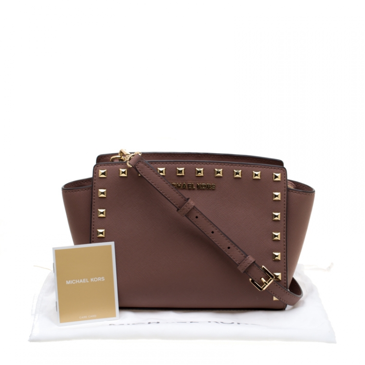 Pre Owned Michael Michael Kors Dark Beige Medium Studded Selma Crossbody Bag