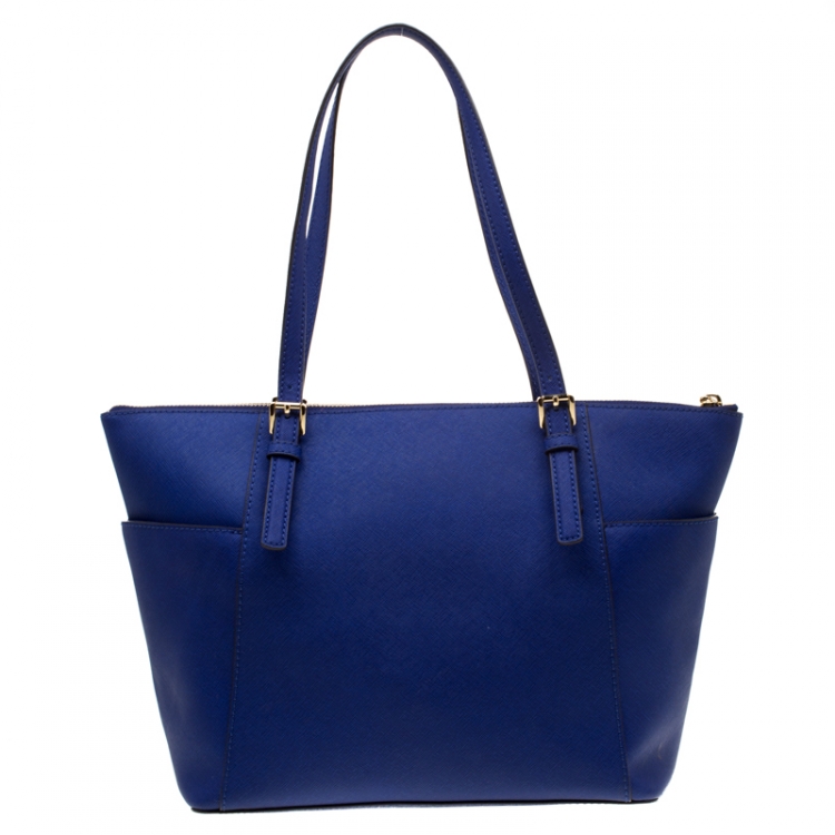 Pre Owned Michael Michael Kors Blue Saffiano Leather Jet Set Top Zip Tote
