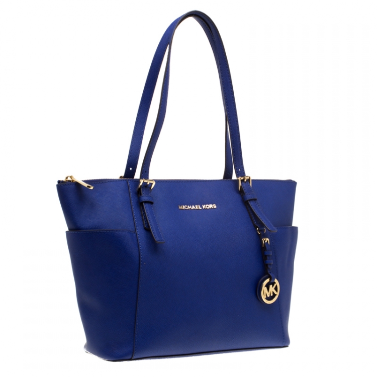 Pre Owned Michael Michael Kors Blue Saffiano Leather Jet Set Top Zip Tote