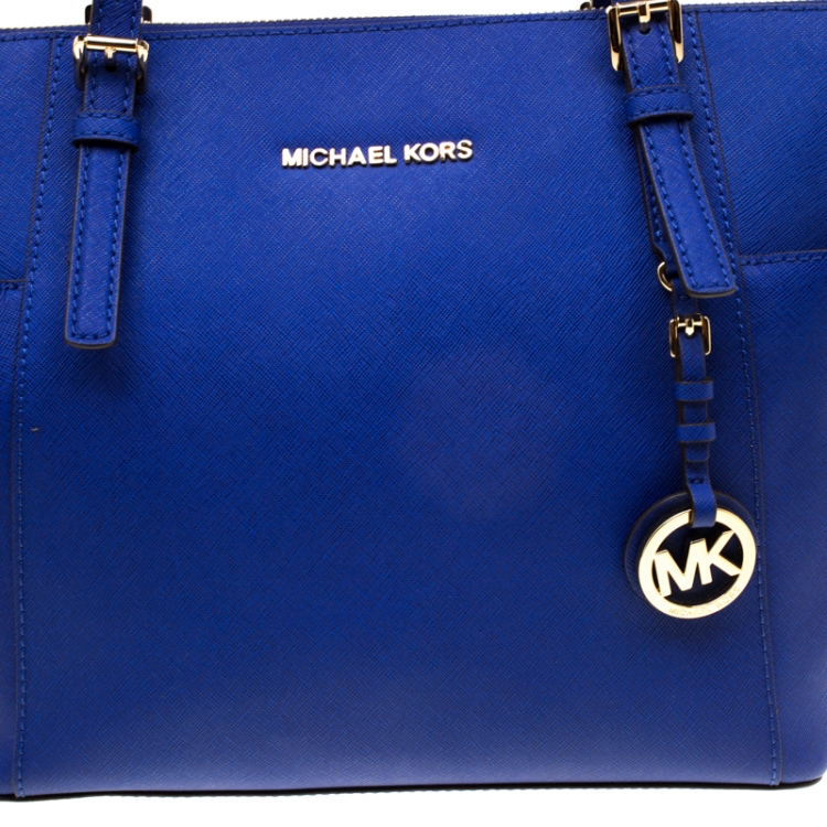 Pre Owned Michael Michael Kors Blue Saffiano Leather Jet Set Top Zip Tote