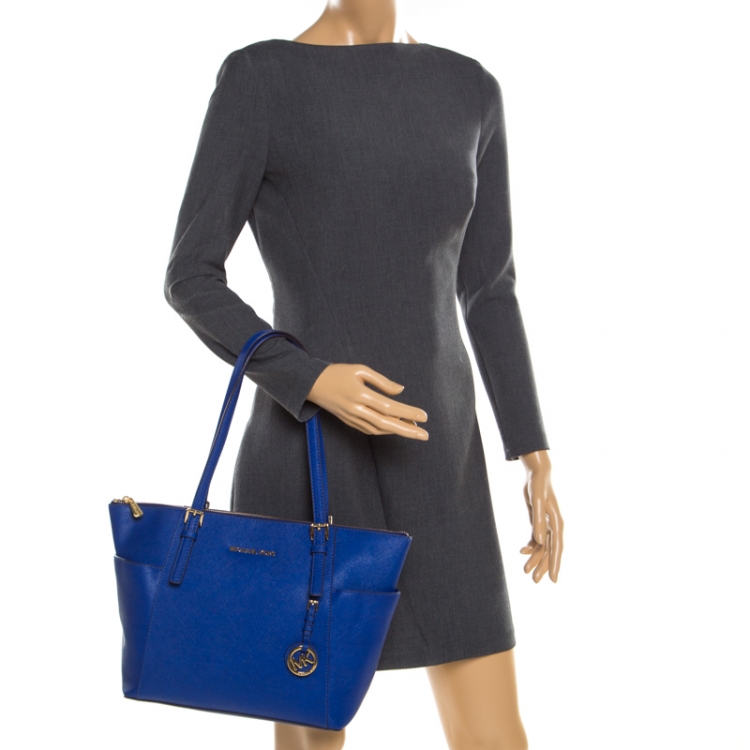 Used michael michael kors BLUE SAFFIANO LEATHER TOP ZIP TOTE HANDBAGS