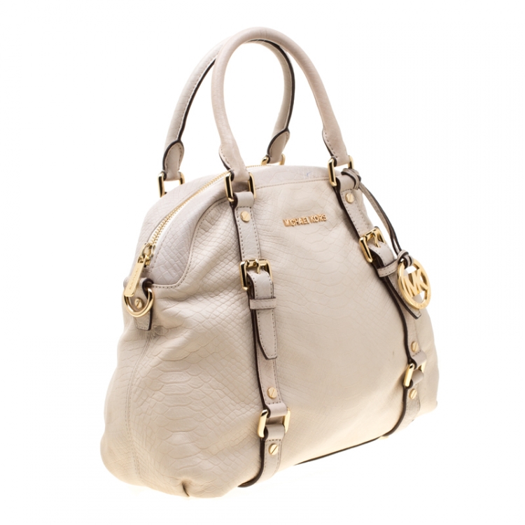 Pre Owned Michael Kors Beige Python Embossed Leather Bedford Satchel