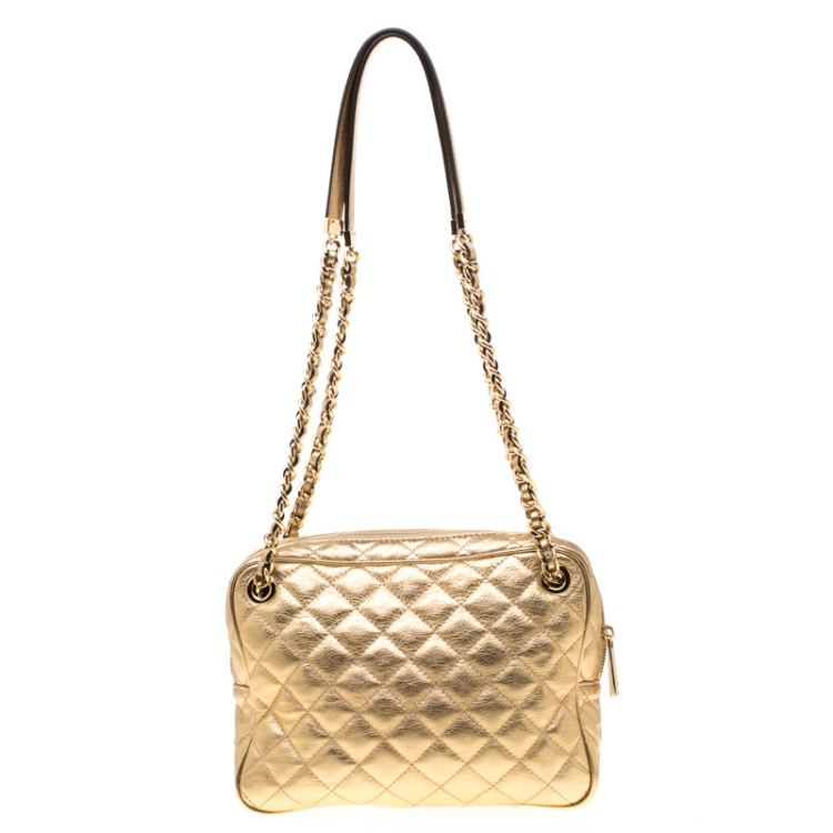 Pre Owned MICHAEL Michael Kors Gold Metallic Leather Large Sloan Chain Shoulder Bag