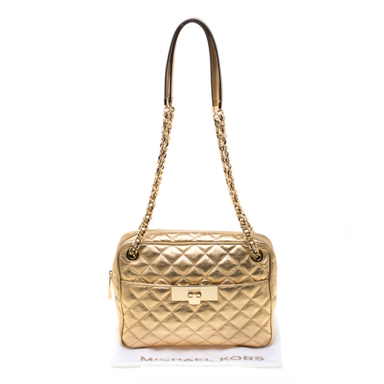 Pre Owned MICHAEL Michael Kors Gold Metallic Leather Large Sloan Chain Shoulder Bag