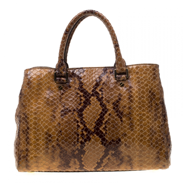 Pre Owned Michael Michael Kors Brown Python Embossed Leather Top Handle Bag
