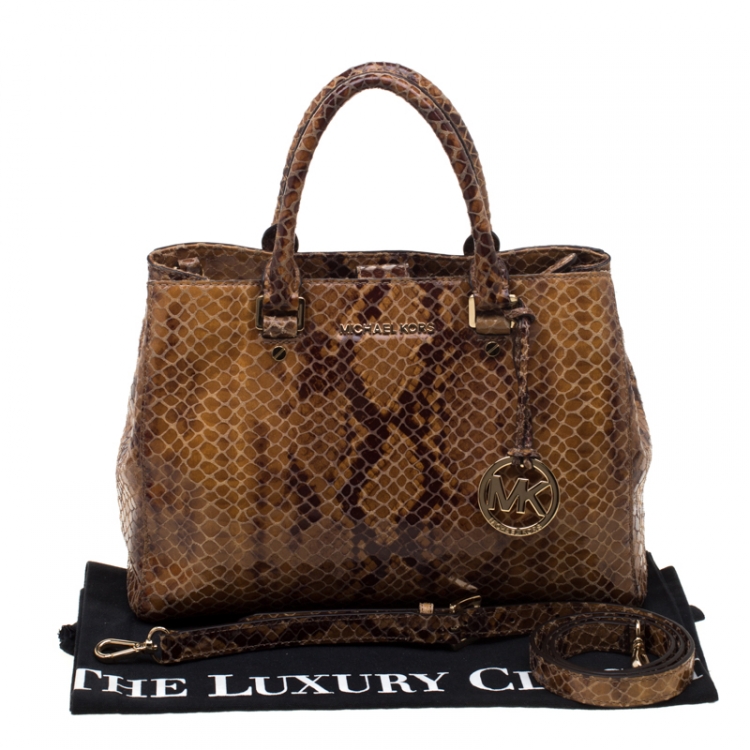 Pre Owned Michael Michael Kors Brown Python Embossed Leather Top Handle Bag
