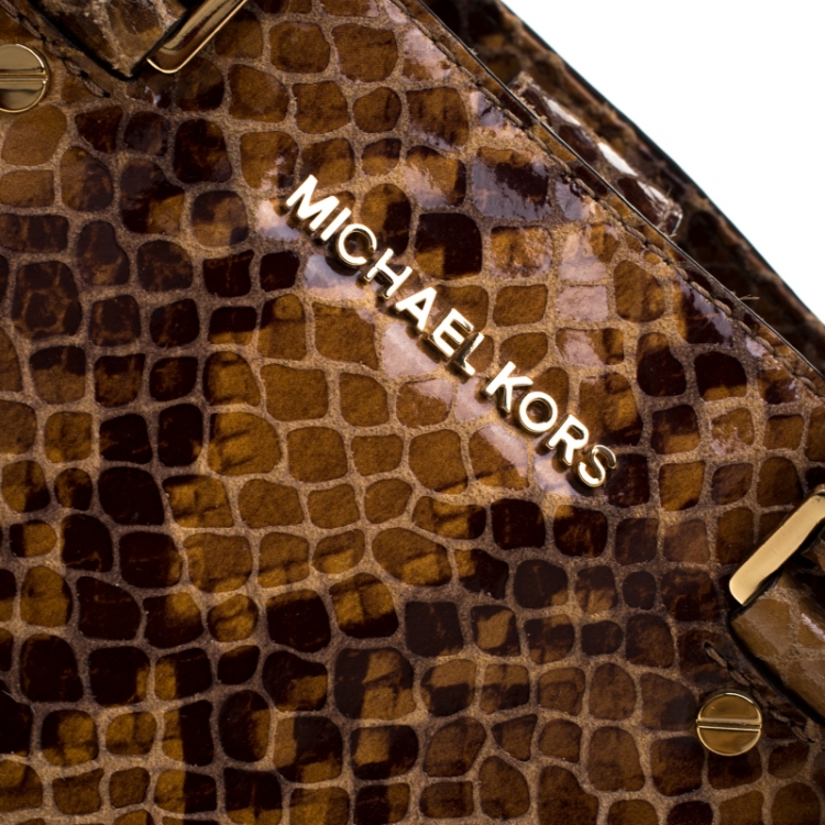 Pre Owned Michael Michael Kors Brown Python Embossed Leather Top Handle Bag