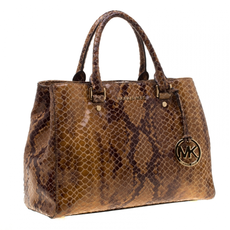 Pre Owned Michael Michael Kors Brown Python Embossed Leather Top Handle Bag