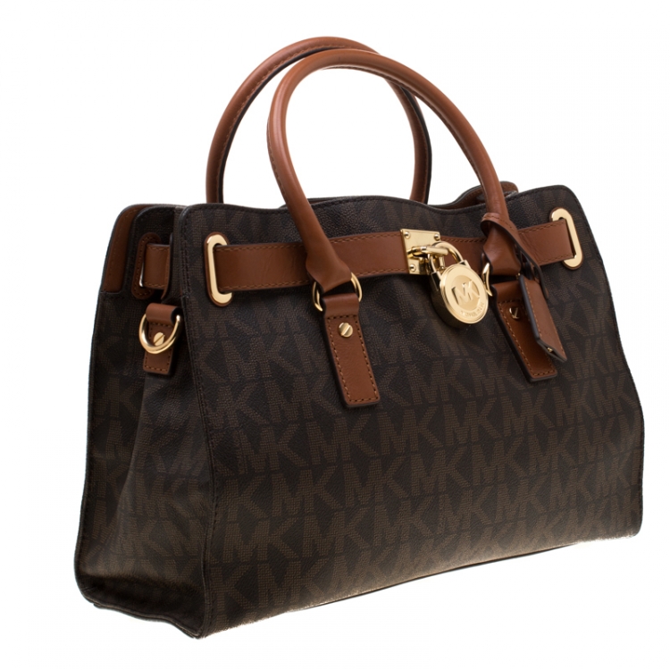 Pre Owned MICHAEL Micheal Kors Brown Logo Leather Large Hamilton Tote