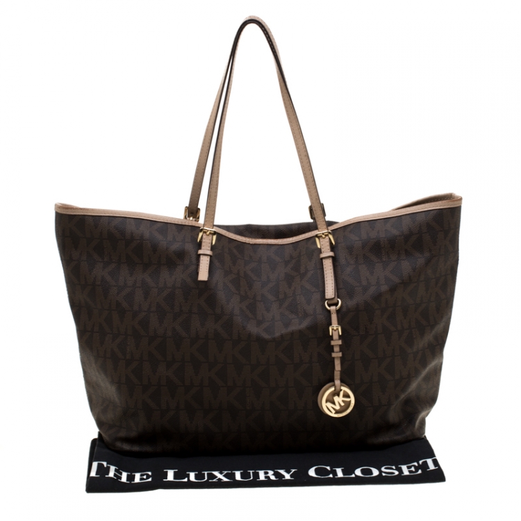 Pre Owned Michael Kors Brown Signature Coated Canvas Jet Set Tote