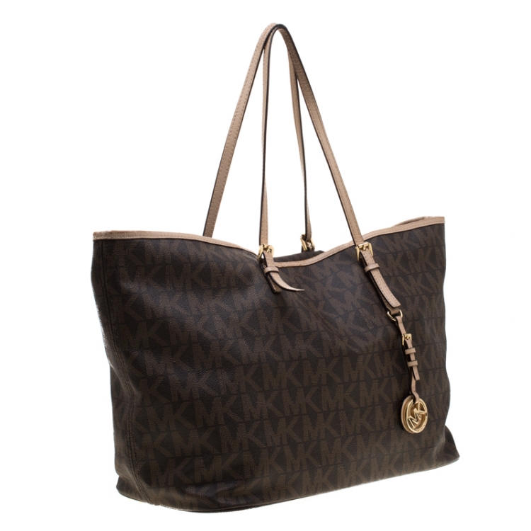 Pre Owned Michael Kors Brown Signature Coated Canvas Jet Set Tote