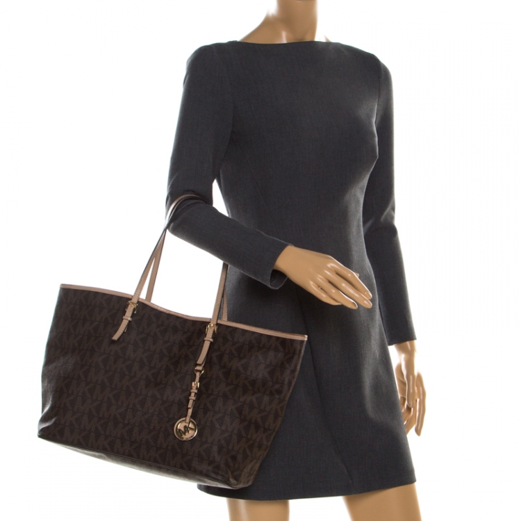 Pre Owned Michael Kors Brown Signature Coated Canvas Jet Set Tote