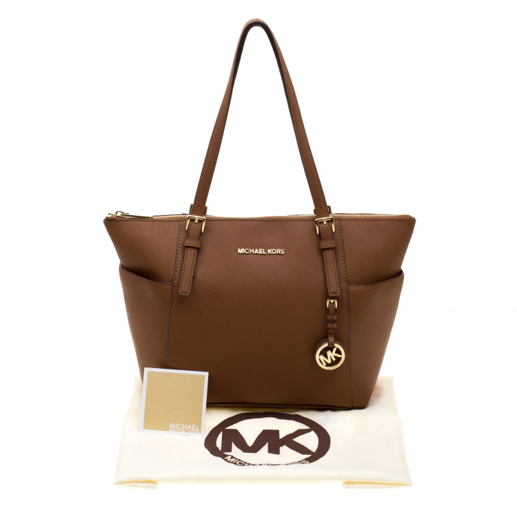 مملوكة مسبقًا Michael Michael Kors Brown Saffiano Leather Jet Set Top Zip Tote