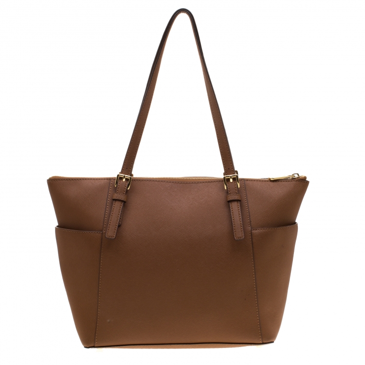 مملوكة مسبقًا Michael Michael Kors Brown Saffiano Leather Jet Set Top Zip Tote