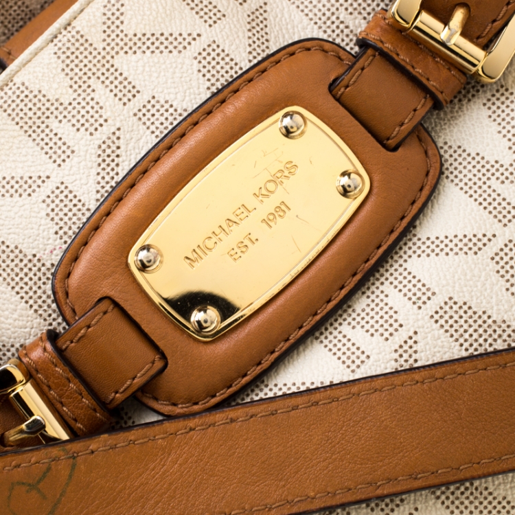 Pre Owned Michael Michael Kors Cream/Brown Coated Canvas and Leather East West Hamilton Tote
