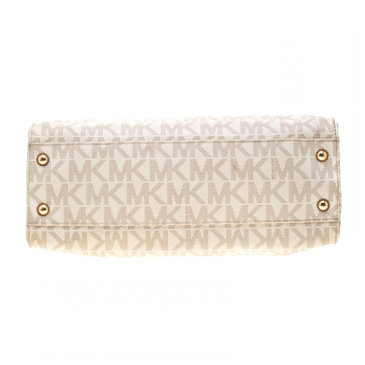 Pre Owned Michael Michael Kors Cream/Brown Coated Canvas and Leather East West Hamilton Tote