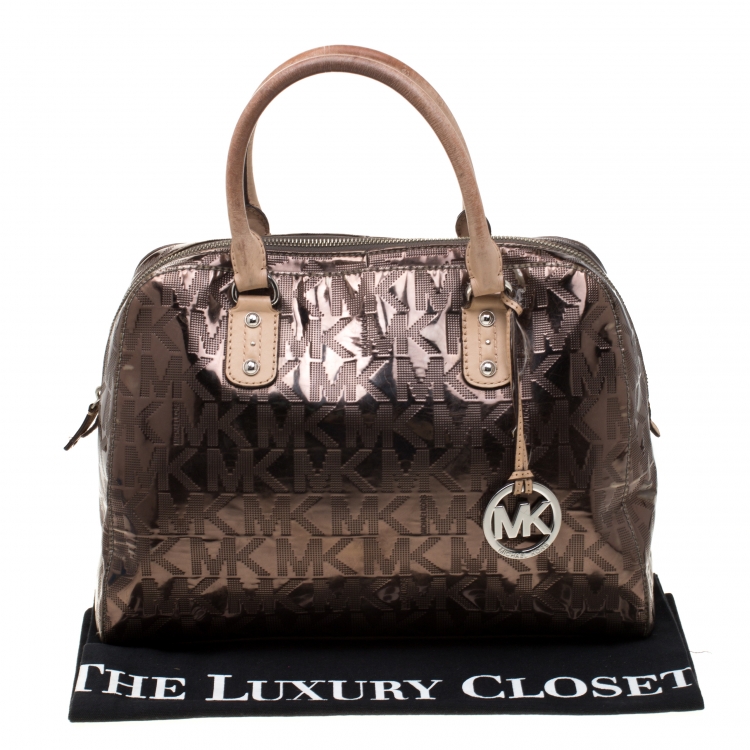 Pre Owned MICHAEL Michael Kors Gunmetal Metallic Mirror Signature PVC Satchel