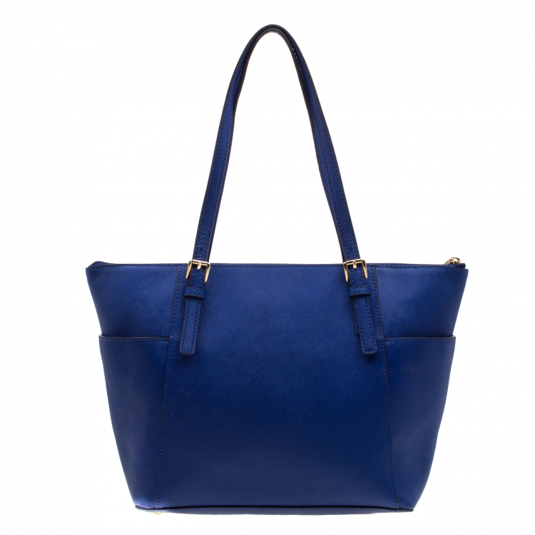 Pre Owned Michael Michael Kors Blue Saffiano Leather Top Zip Jet Set Tote