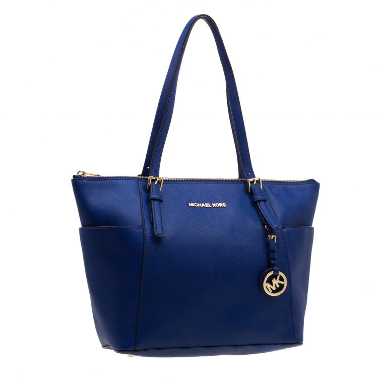 Pre Owned Michael Michael Kors Blue Saffiano Leather Top Zip Jet Set Tote