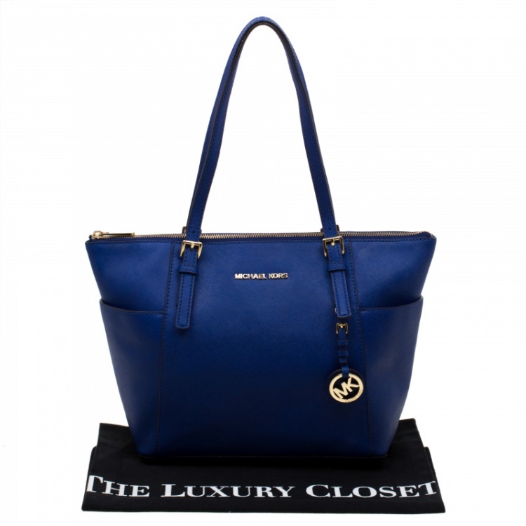 Pre Owned Michael Michael Kors Blue Saffiano Leather Top Zip Jet Set Tote