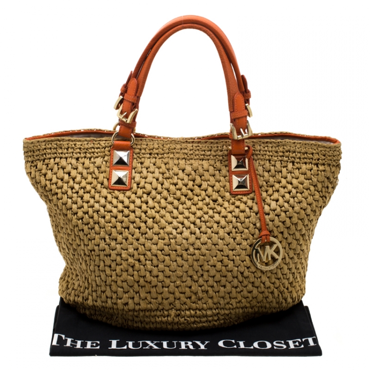 Pre Owned MICHAEL Michael Kors Beige/Orange Raffia and Leather Basket Tote