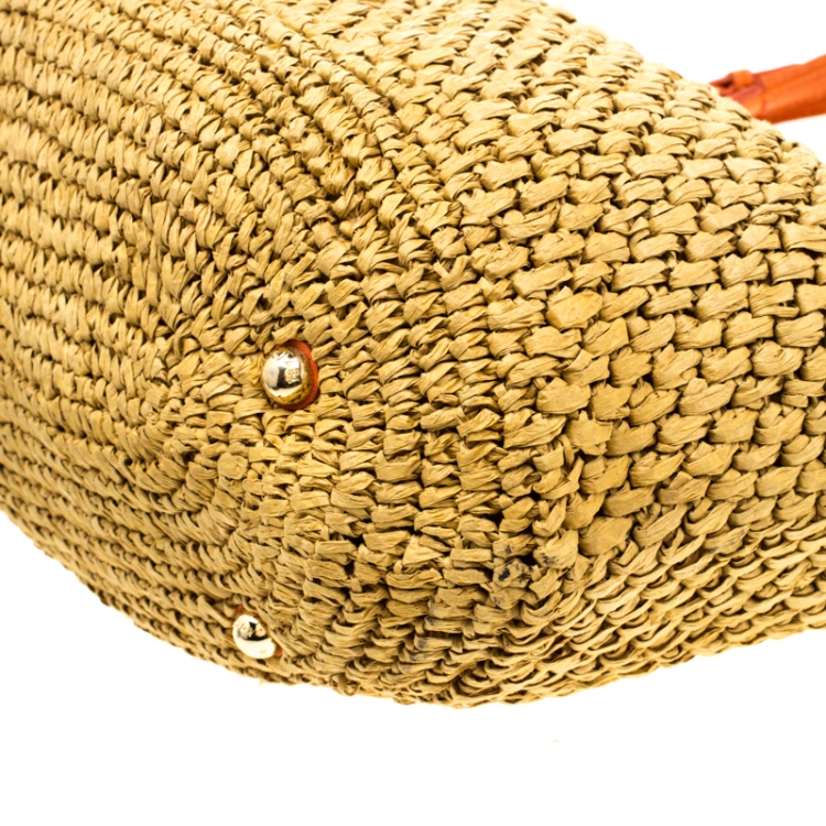Pre Owned MICHAEL Michael Kors Beige/Orange Raffia and Leather Basket Tote