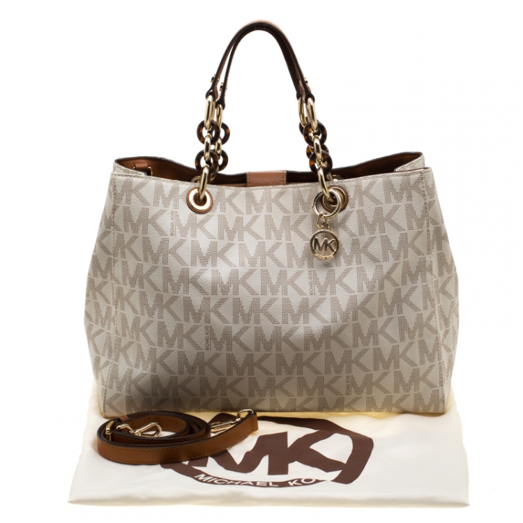 Pre Owned MICHAEL Michael Kors Off White Signature Coated Canvas Chain Tote