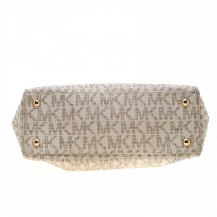 Pre Owned MICHAEL Michael Kors Off White Signature Coated Canvas Chain Tote