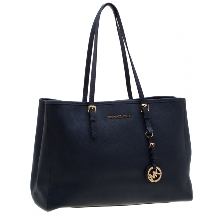 Pre Owned MICHAEL Michael Kors Navy Blue Leather Jet Set  Travel Tote 