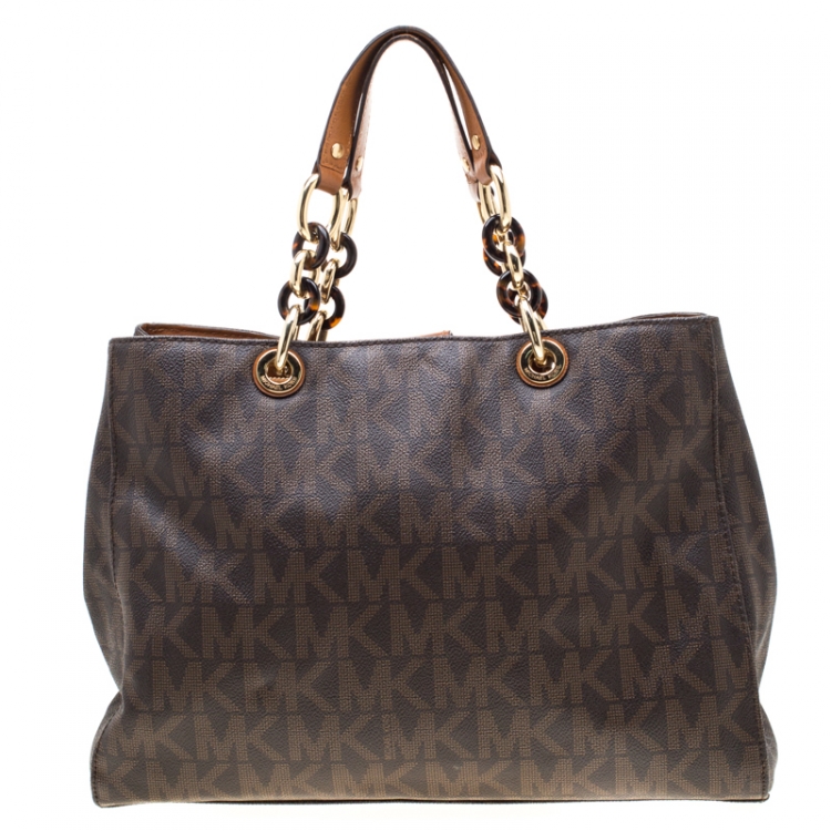Pre Owned MICHAEL Michael Kors Brown Signature Coated Canvas Medium Cynthia Tote